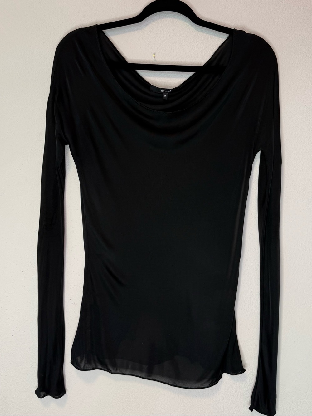 Gucci Vintage Black Sheer Mesh Drape Neck Long Sleeve Top M
